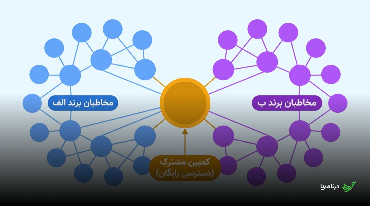 شبکه‌ی اشتراک مخاطب دو برند غیر رقیب که در یک کمپین مشترک با دسترسی رایگان به مخاطبان یکدیگر متصل شده‌اند