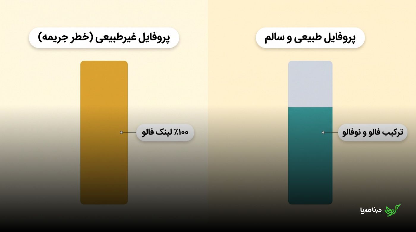 نمودار میله‌ای مقایسه‌ای: سمت راست «پروفایل طبیعی و سالم» با میله‌ای دورنگ و برچسب «ترکیب فالو و نوفالو»؛ سمت چپ «پروفایل غیرطبیعی (خطر جریمه)» با یک میله‌ی تک‌رنگ و برچسب «۱۰۰٪ لینک فالو»
