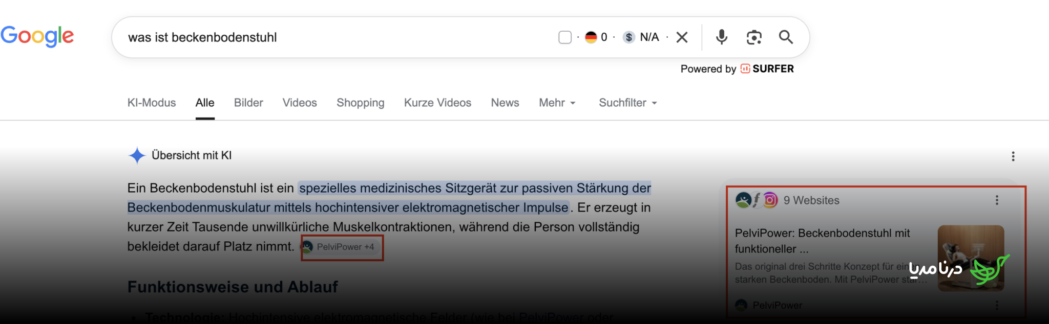 Google’s AI Overview for “was ist beckenbodenstuhl” / “what is pelvic floor chair,” citing PelviPower as a supporting source.