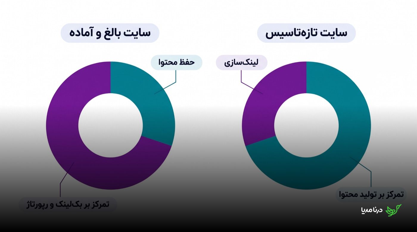 دو نمودار دایره‌ای مقایسه‌ی تخصیص بودجه‌ی سئو: نمودار سایت تازه‌تاسیس بیشترین سهم را به تولید محتوا اختصاص می‌دهد و کمترین سهم را به لینک‌سازی، در حالی که نمودار سایت بالغ و آماده بیشترین سهم را به بک‌لینک و رپورتاژ می‌دهد و سهم کوچک‌تری را به حفظ محتوا