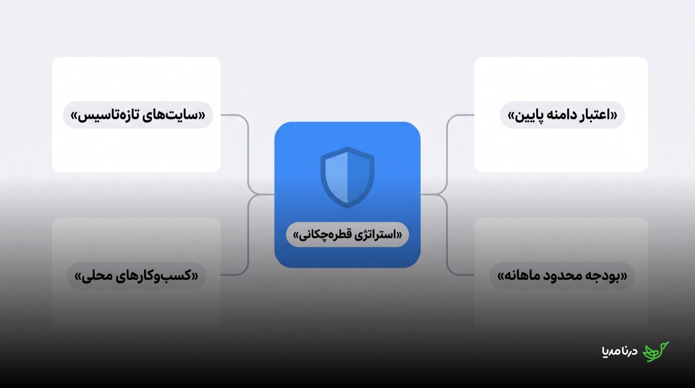 چهار گروه ایده‌آل برای استراتژی قطره‌چکانی حول یک نماد سپر: سایت‌های تازه‌تاسیس، اعتبار دامنه پایین، کسب‌وکارهای محلی و بودجه محدود ماهانه
