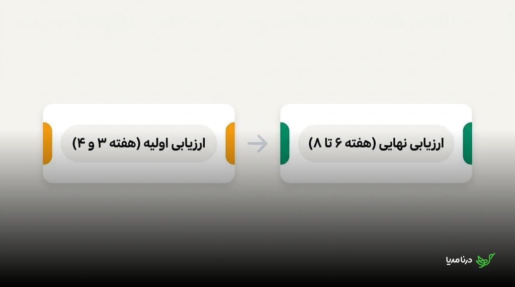 خط زمانی ارزیابی رپورتاژ از بررسی اولیه در هفته سوم و چهارم تا ارزیابی نهایی در هفته ششم تا هشتم