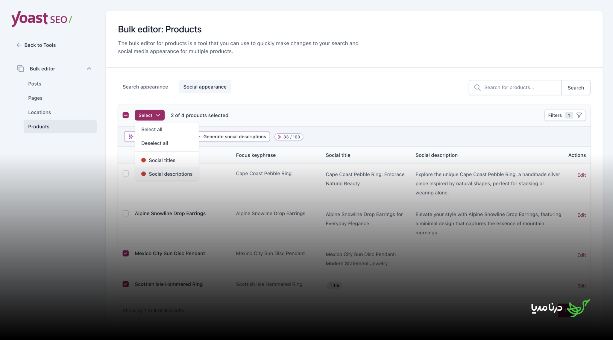 Yoast SEO Bulk editor Products screen with the Select menu open, showing Social titles and Social descriptions quality-based selection options.