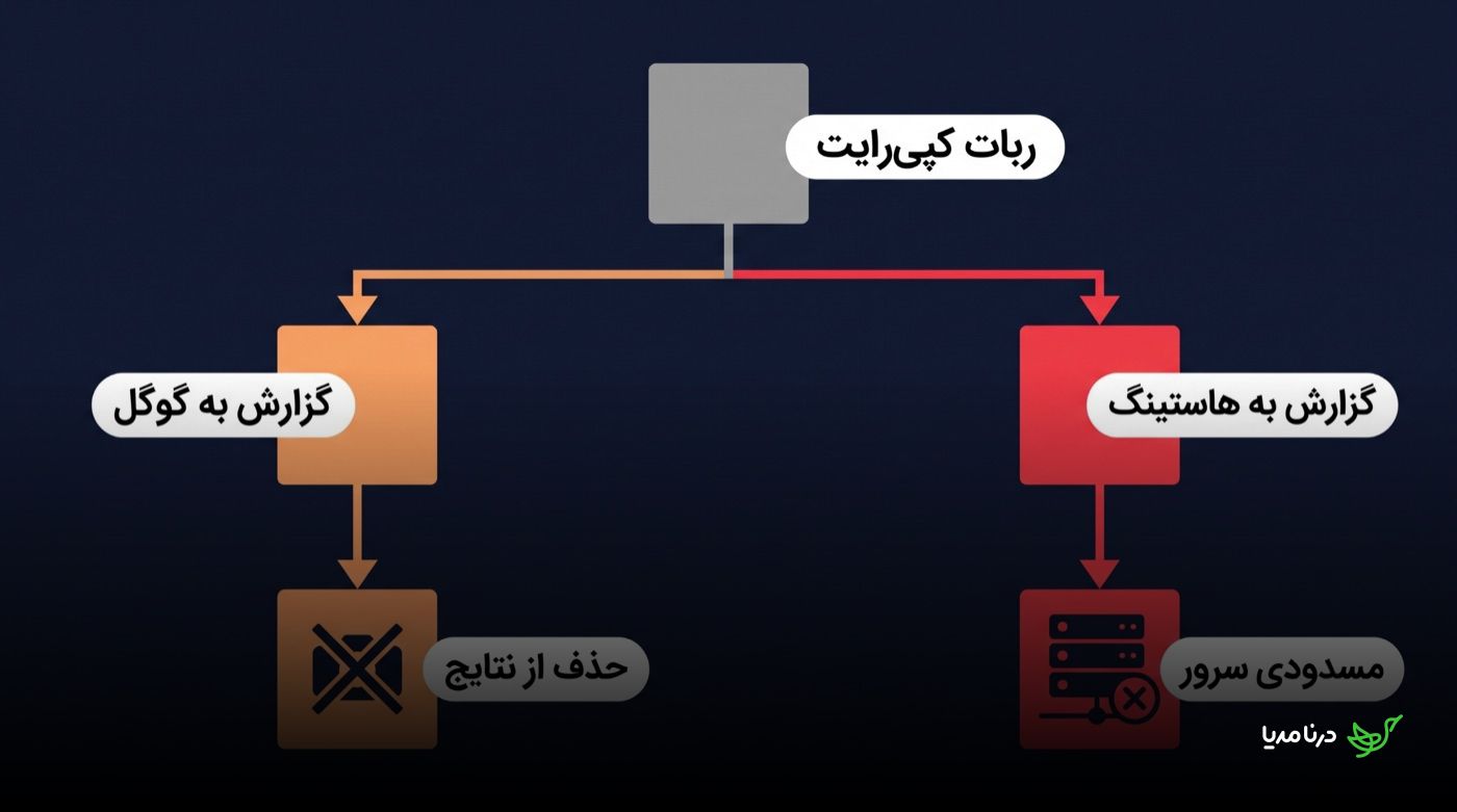 نمودار درختی مسیر ربات کپی‌رایت: از ربات کپی‌رایت دو شاخه جدا می‌شود؛ شاخه‌ی نارنجی «گزارش به گوگل» که به «حذف از نتایج» می‌رسد و شاخه‌ی قرمز «گزارش به هاستینگ» که به «مسدودی سرور» ختم می‌شود