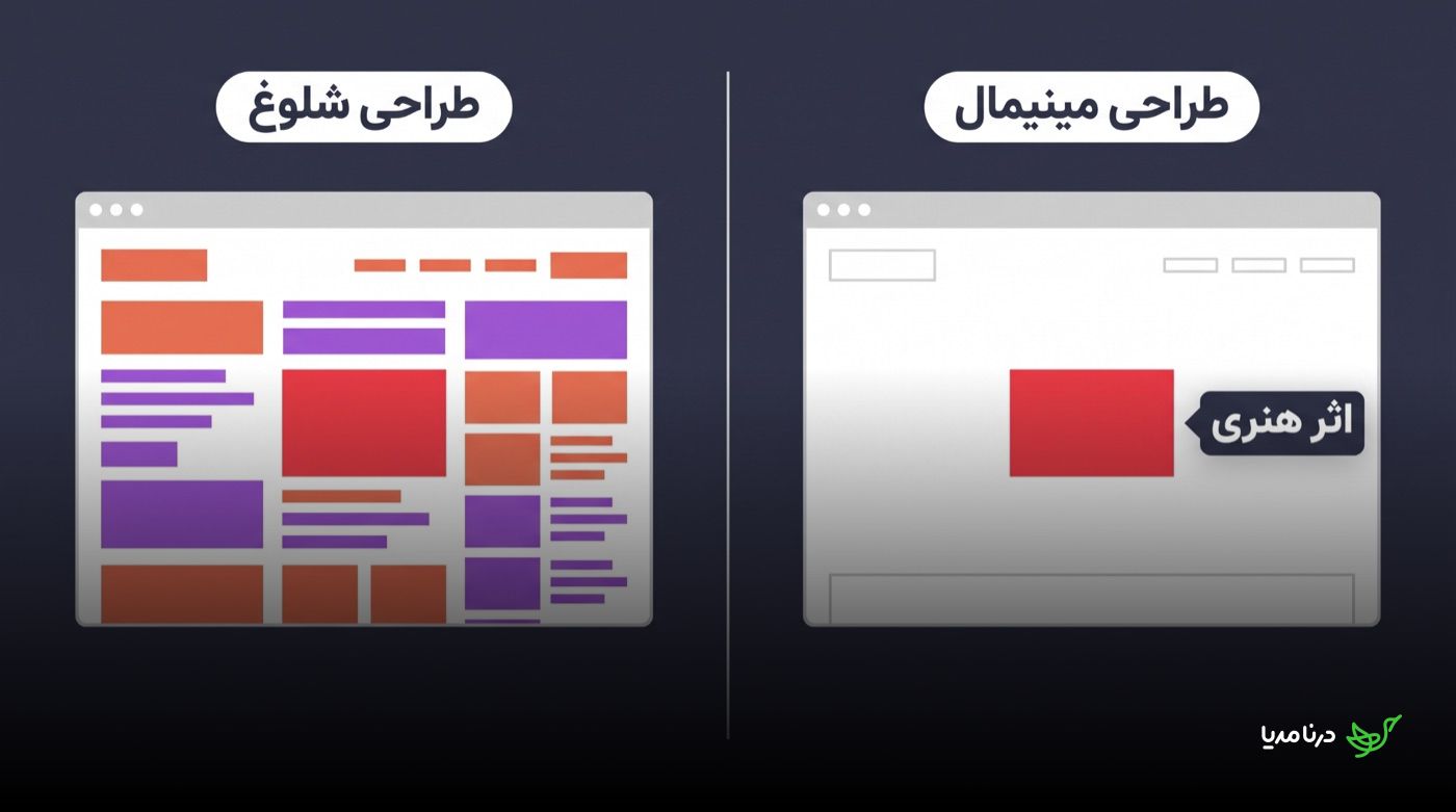 مقایسه‌ی دو صفحه‌ی وب: سمت راست «طراحی مینیمال» با یک قاب اثر هنری در فضای خالی، سمت چپ «طراحی شلوغ» پر از بلوک‌های رنگی متراکم