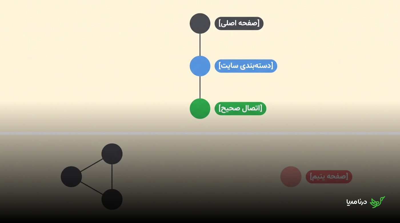 دیاگرام دو حالت اتصال یک رپورتاژ به سایت میزبان: در بالا زنجیره‌ی صفحه‌ی اصلی به دسته‌بندی سایت و سپس اتصال صحیح، و در پایین یک صفحه‌ی یتیم قرمزرنگ که هیچ لینکی از شبکه‌ی داخلی سایت دریافت نمی‌کند