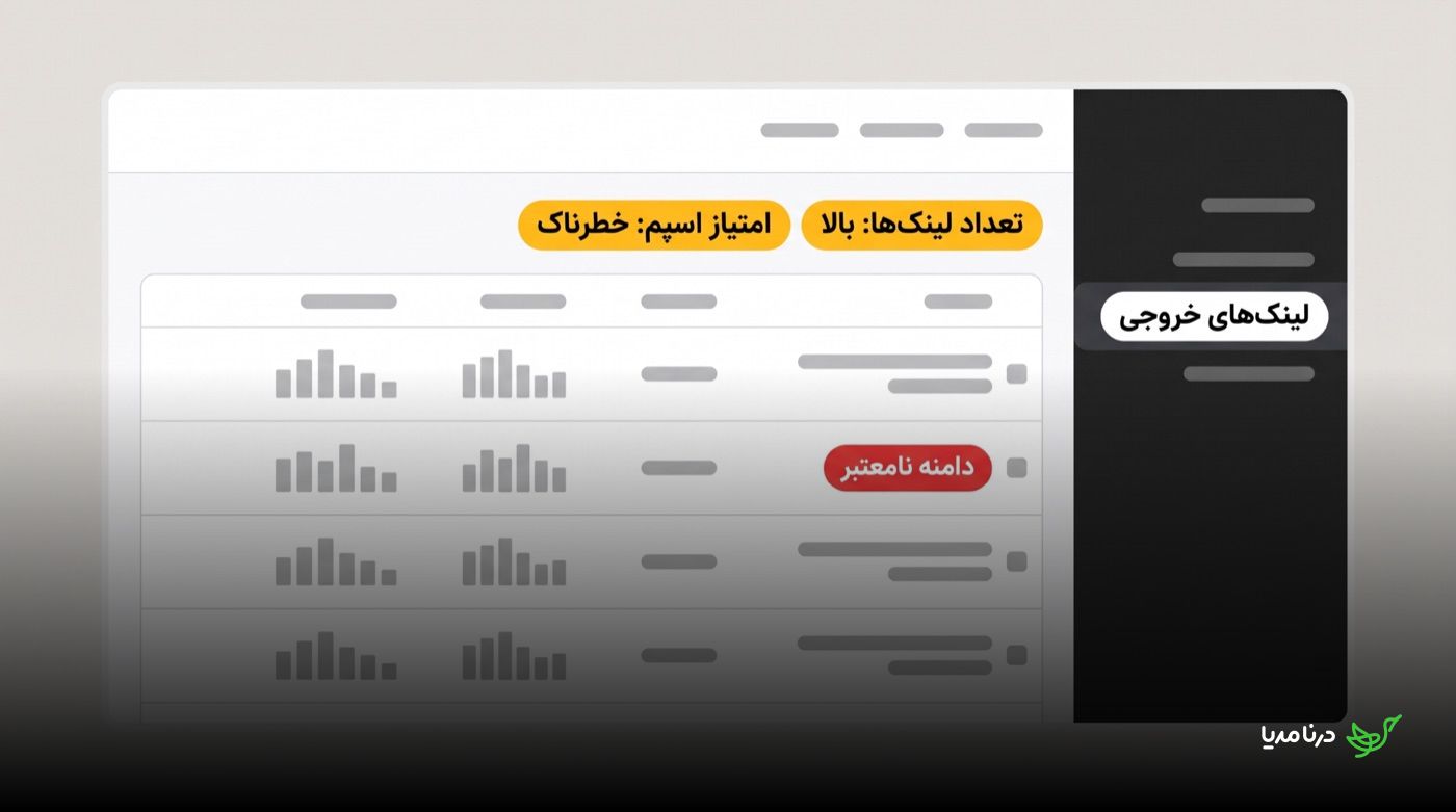 داشبورد یک ابزار سئو که برای یک صفحه هشدار «تعداد لینک‌ها: بالا» و «امتیاز اسپم: خطرناک» را نشان می‌دهد و یکی از ردیف‌های جدول لینک‌های خروجی با برچسب «دامنه نامعتبر» علامت‌گذاری شده است