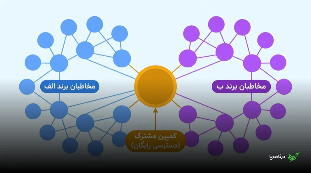 شبکه‌ی اشتراک مخاطب دو برند غیر رقیب که در یک کمپین مشترک با دسترسی رایگان به مخاطبان یکدیگر متصل شده‌اند