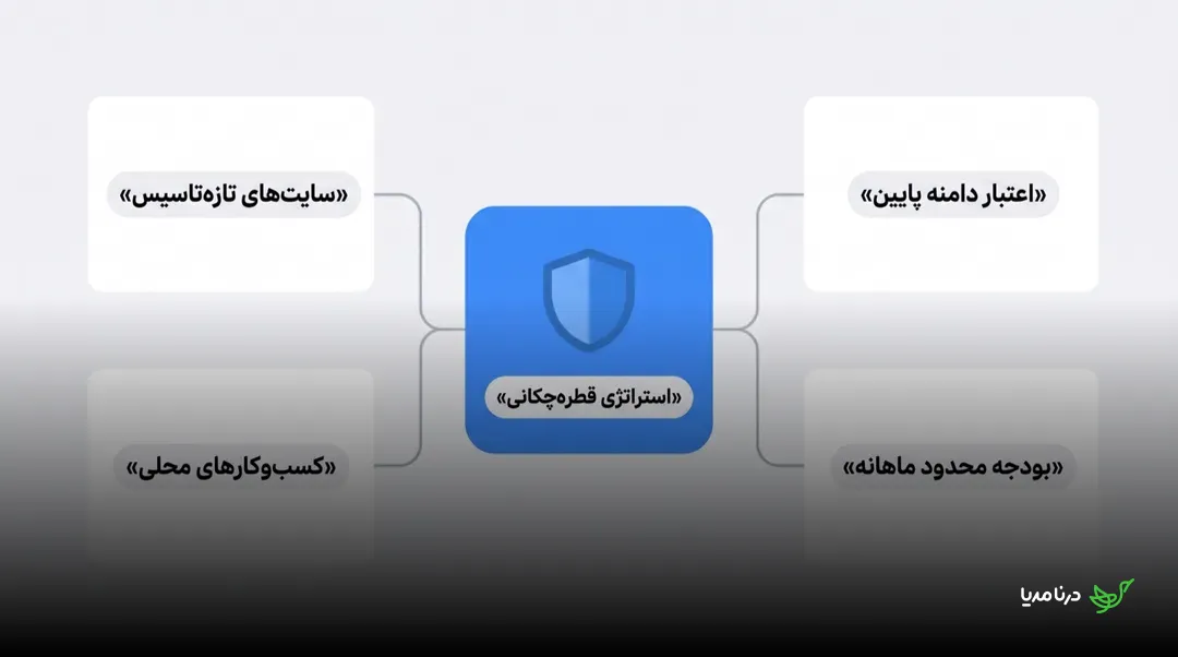 چهار گروه ایده‌آل برای استراتژی قطره‌چکانی حول یک نماد سپر: سایت‌های تازه‌تاسیس، اعتبار دامنه پایین، کسب‌وکارهای محلی و بودجه محدود ماهانه