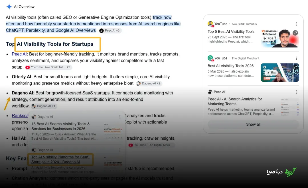 Google AI Overview citing a dedicated page on AI visibility tools for startups