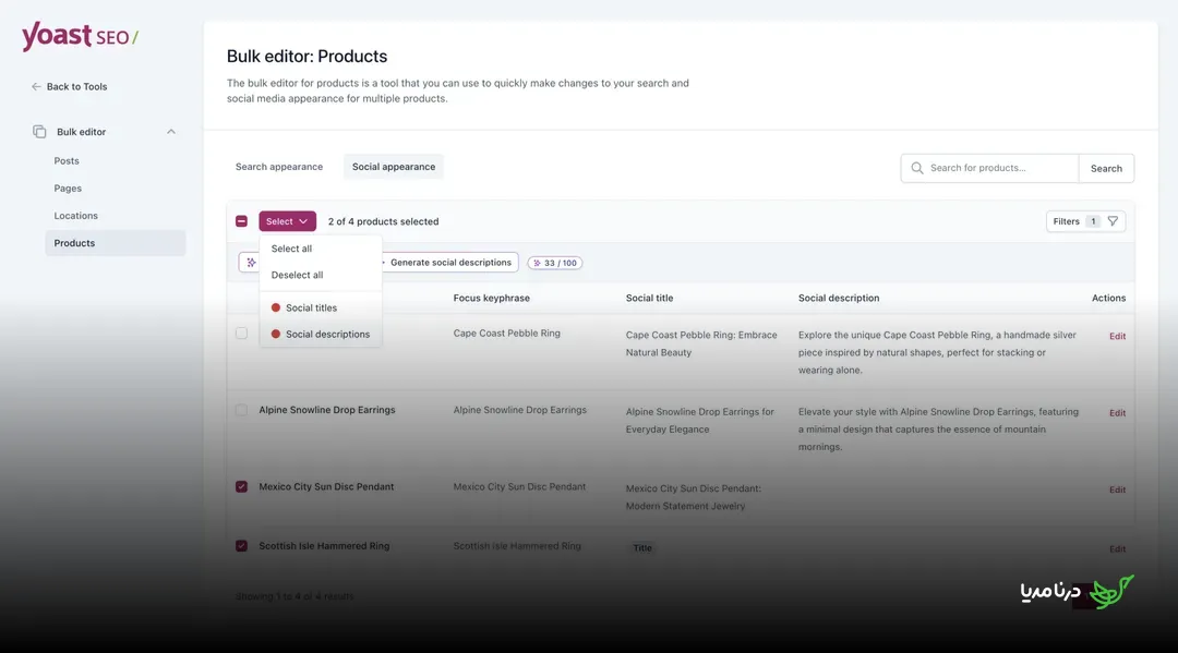Yoast SEO Bulk editor Products screen with the Select menu open, showing Social titles and Social descriptions quality-based selection options.