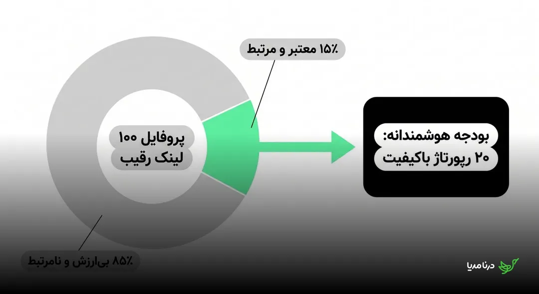 نمودار پروفایل صد لینک رقیب شامل پانزده درصد لینک معتبر و مرتبط و پیشنهاد بودجه هوشمندانه برای بیست رپورتاژ باکیفیت