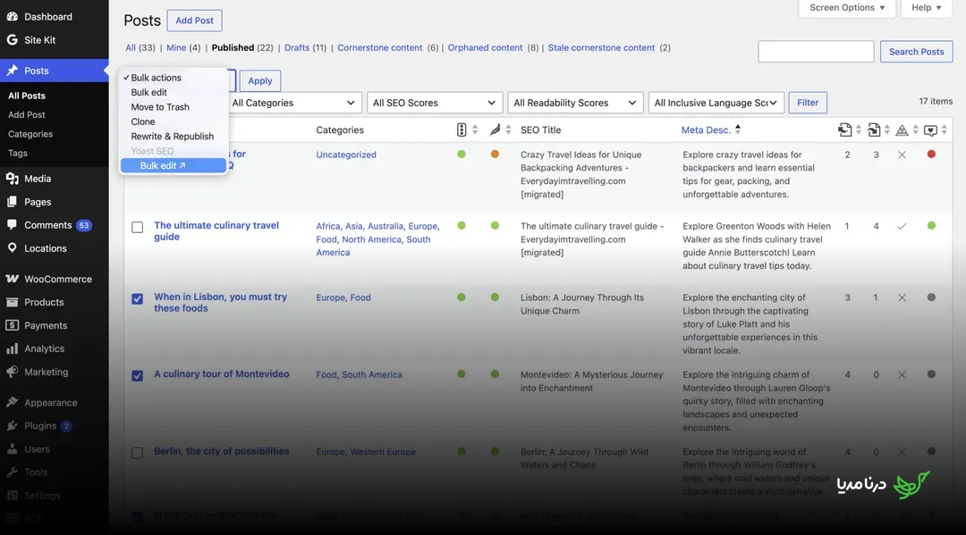 WordPress Posts screen with the bulk actions dropdown open, showing the Yoast SEO Bulk edit option.