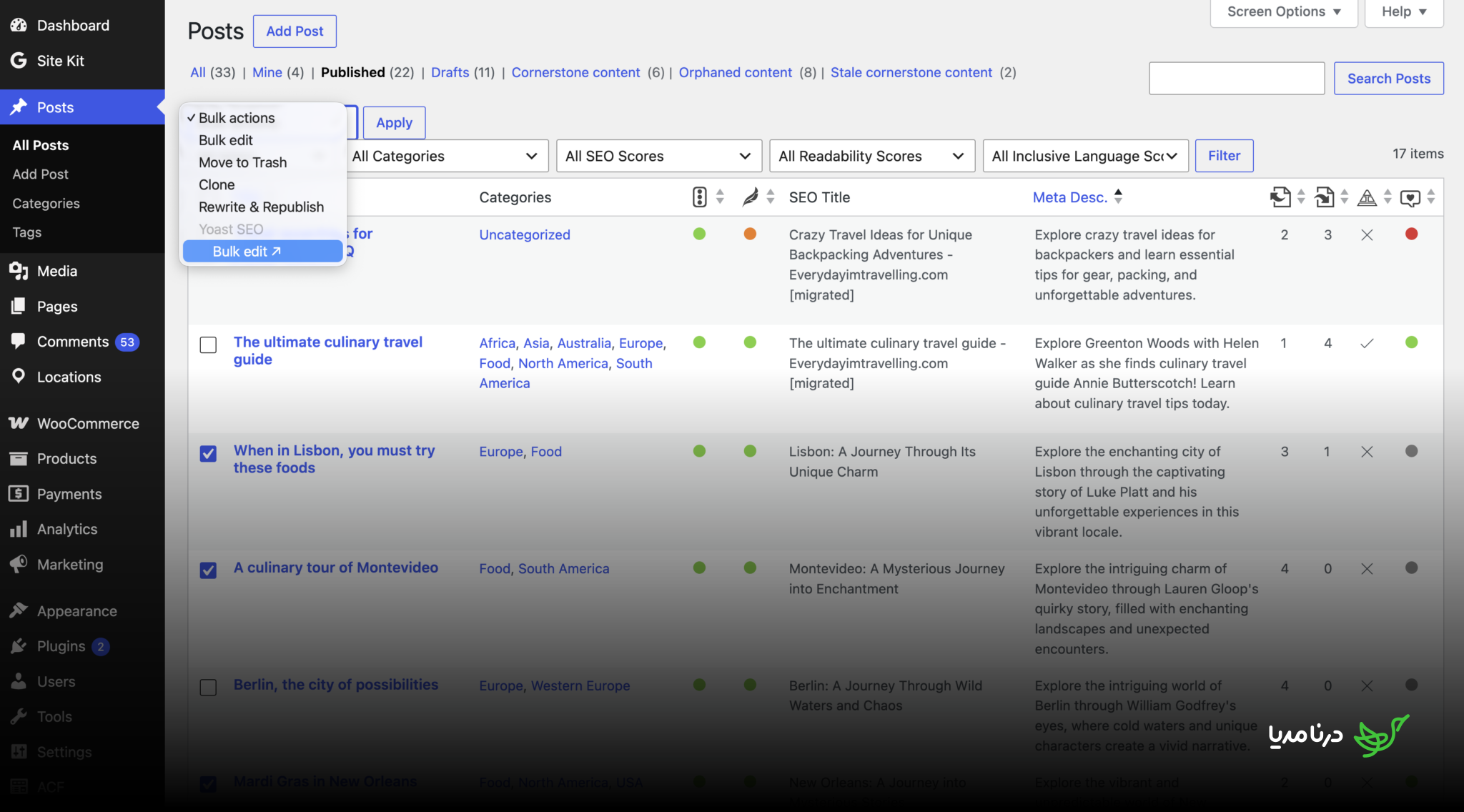 WordPress Posts screen with the bulk actions dropdown open, showing the Yoast SEO Bulk edit option.