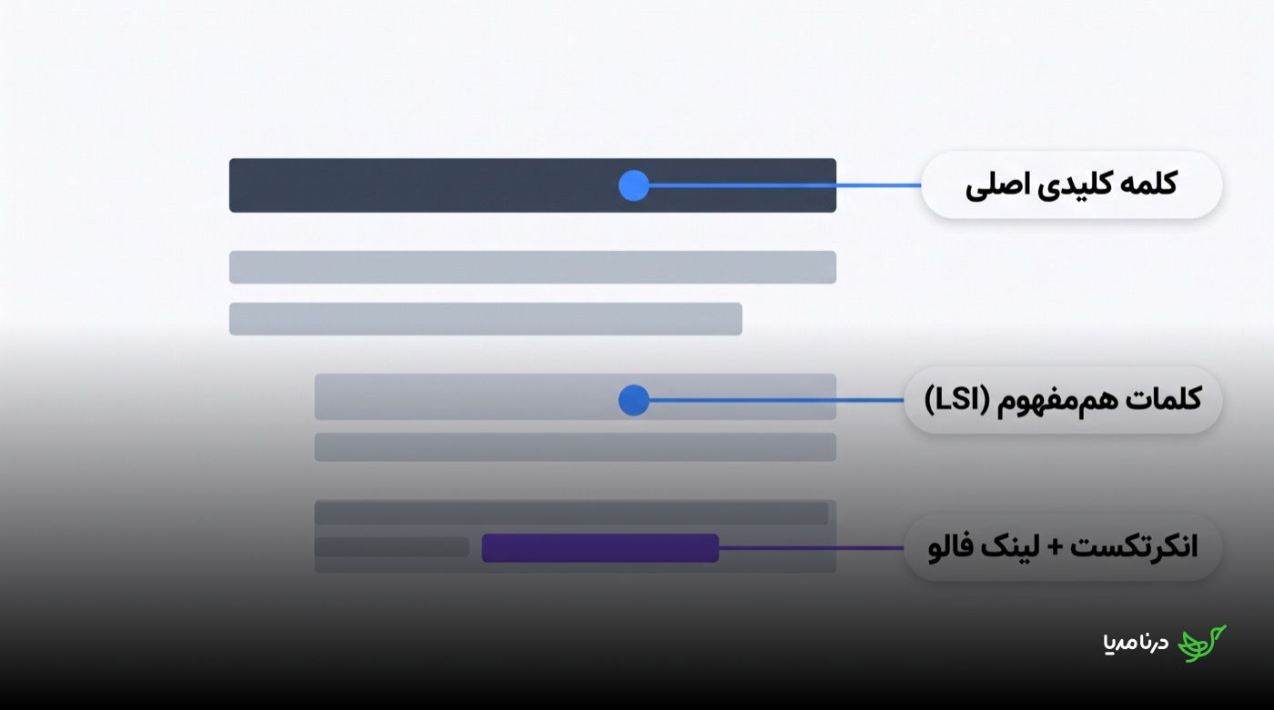 نمودار ساختار کلمات کلیدی در یک مقاله: کلمه‌ی کلیدی اصلی در تیتر، کلمات هم‌مفهوم (LSI) در بدنه‌ی متن و انکرتکست همراه با لینک فالو در یکی از پاراگراف‌ها