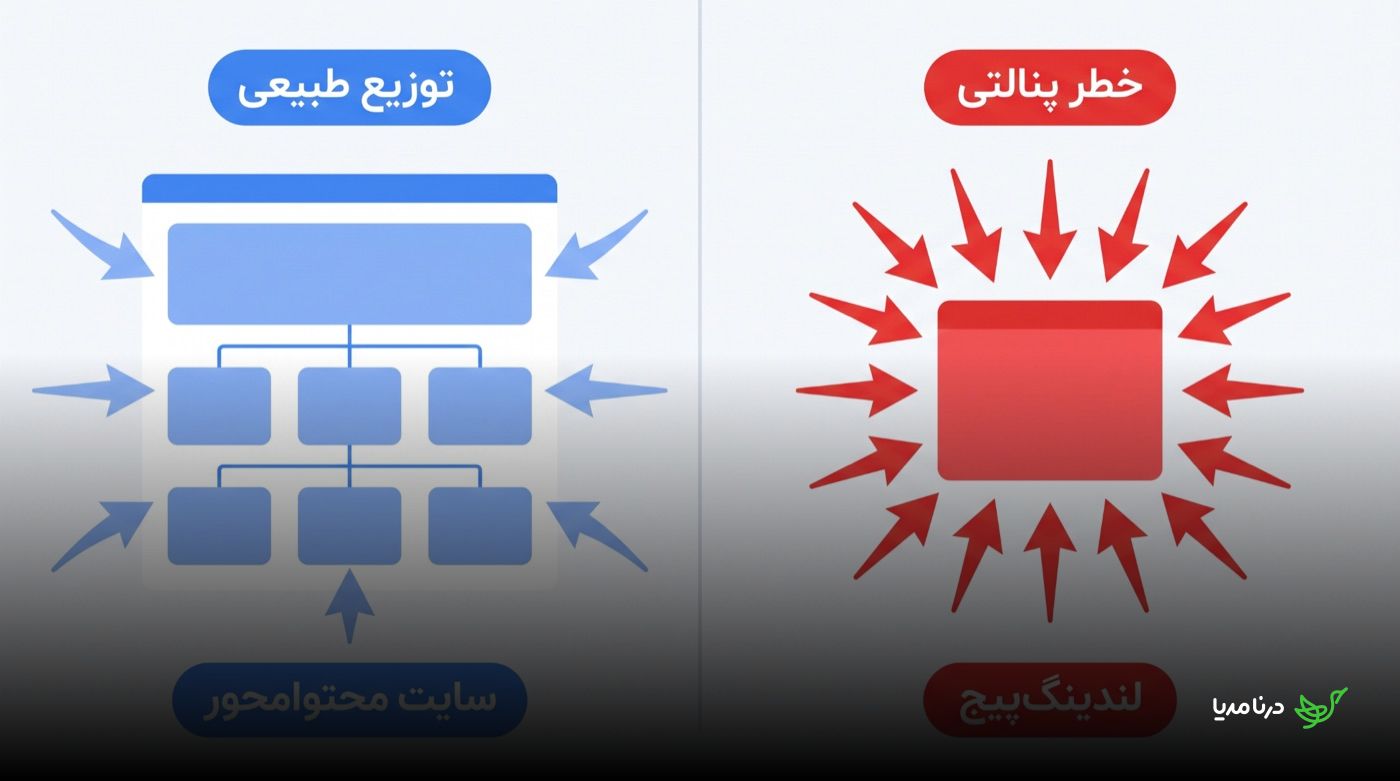 مقایسه‌ی توزیع طبیعی لینک در یک سایت محتوامحور با ساختار درختی چندلایه در برابر تمرکز پرخطر همه‌ی بک‌لینک‌ها روی یک لندینگ‌پیج تک‌صفحه‌ای